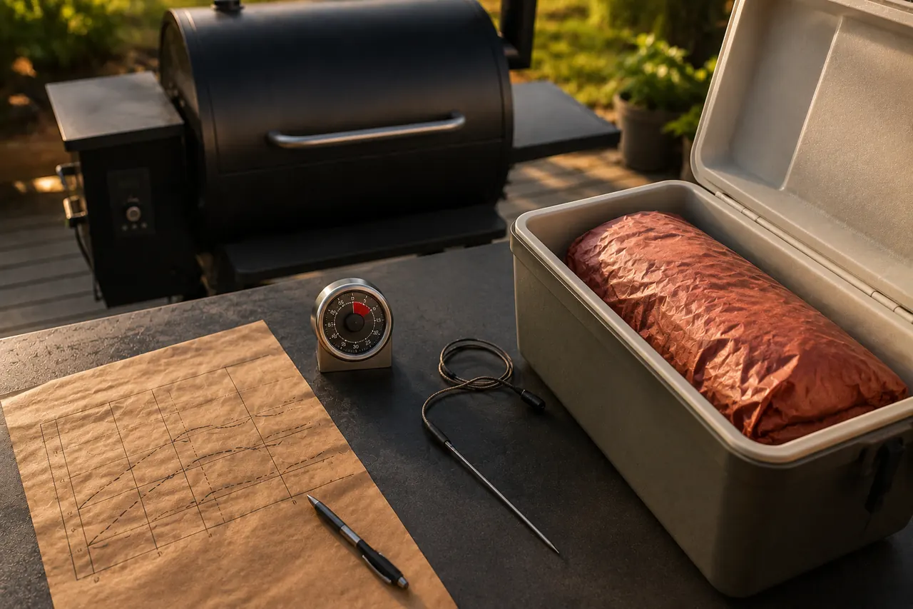 An outdoor barbecue planning setup with a timer, probe, cook schedule, and insulated rest box.