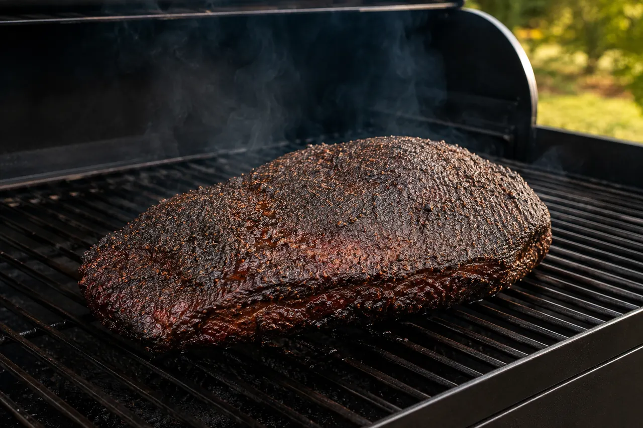A whole unwrapped brisket developing a dark bark on clean pellet-grill grates.