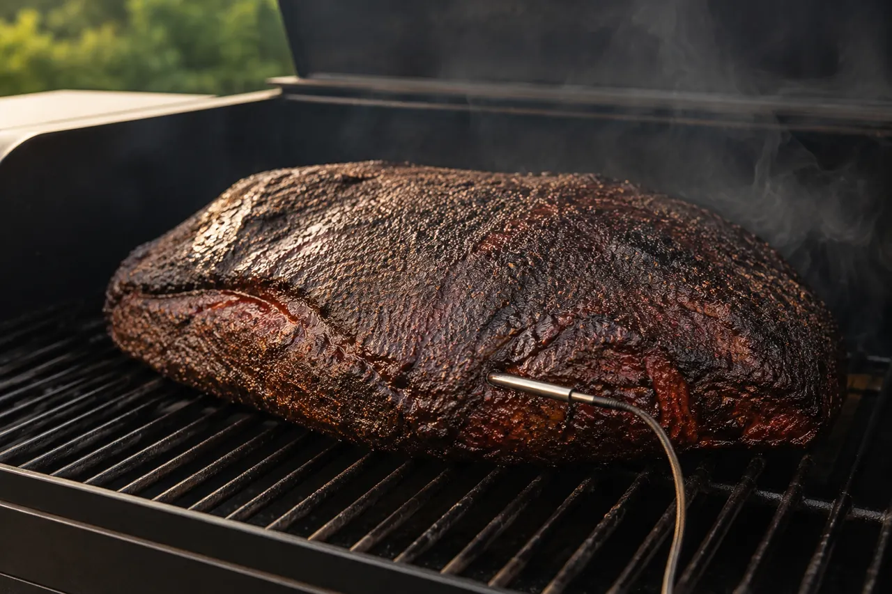 A whole brisket cooking in an unbranded pellet grill with a leave-in probe in a thick section.