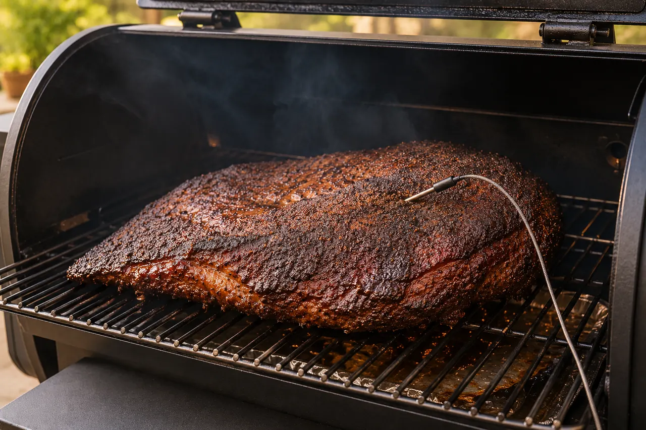 An unbranded pellet smoker holding a whole brisket with a temperature probe inserted into the meat.
