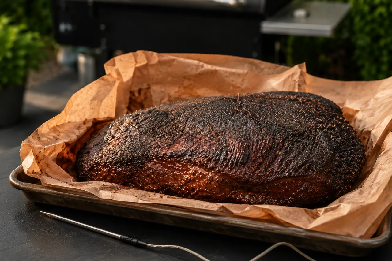 A rested whole smoked brisket in butcher paper with a temperature probe beside the tray.