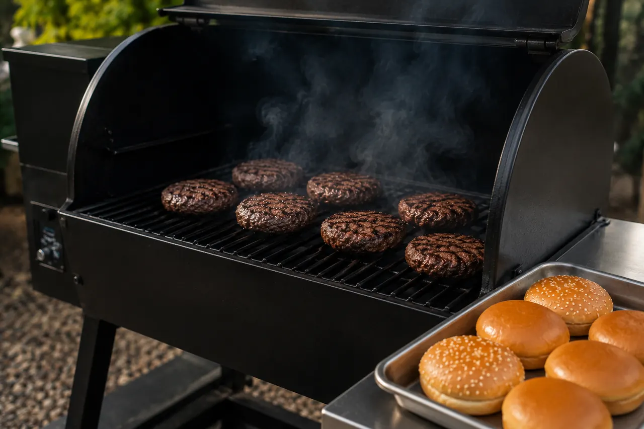 Several burgers cooking with a tray of buns ready beside an unbranded pellet grill.