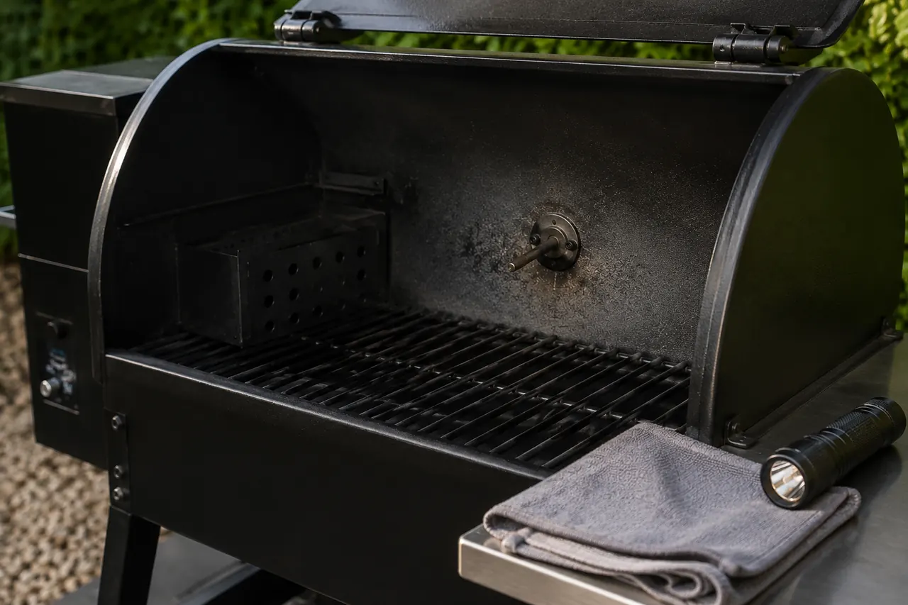 An accessible cooker temperature sensor inside a cool pellet grill with a soft cloth and flashlight nearby.