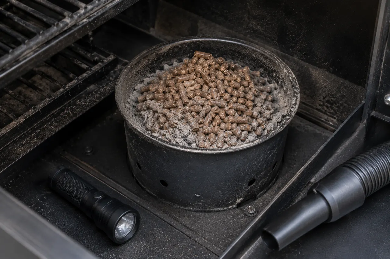 A cool pellet-grill fire pot filled with unburned pellets and cold ash beside a vacuum and flashlight.