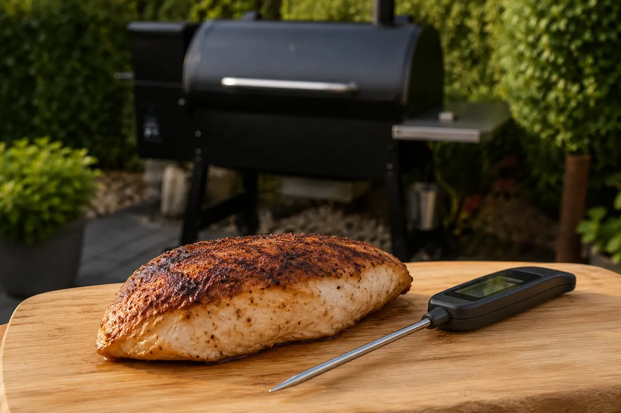 A cooked chicken breast beside an instant-read food thermometer on a wooden board outdoors.