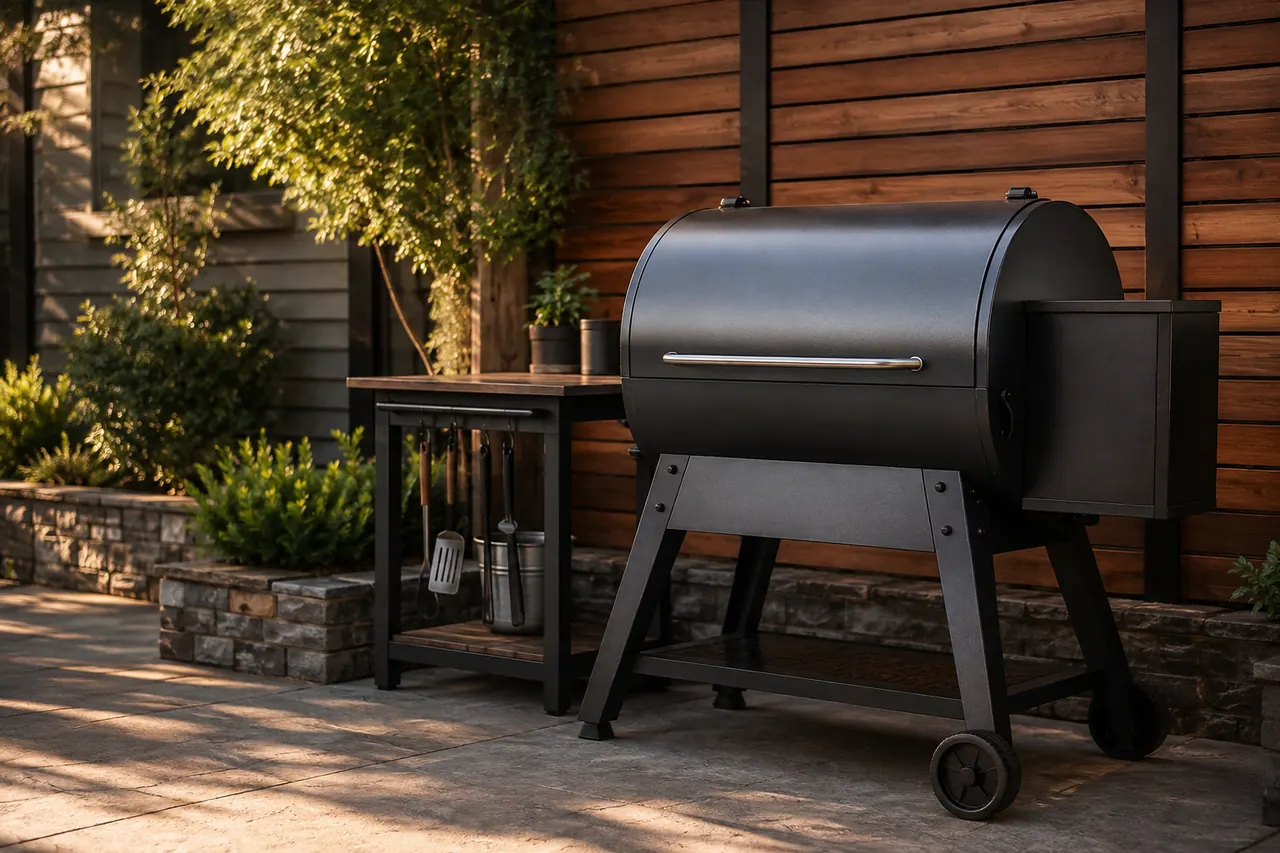 An unbranded pellet grill set up on a tidy backyard cooking patio at golden hour.