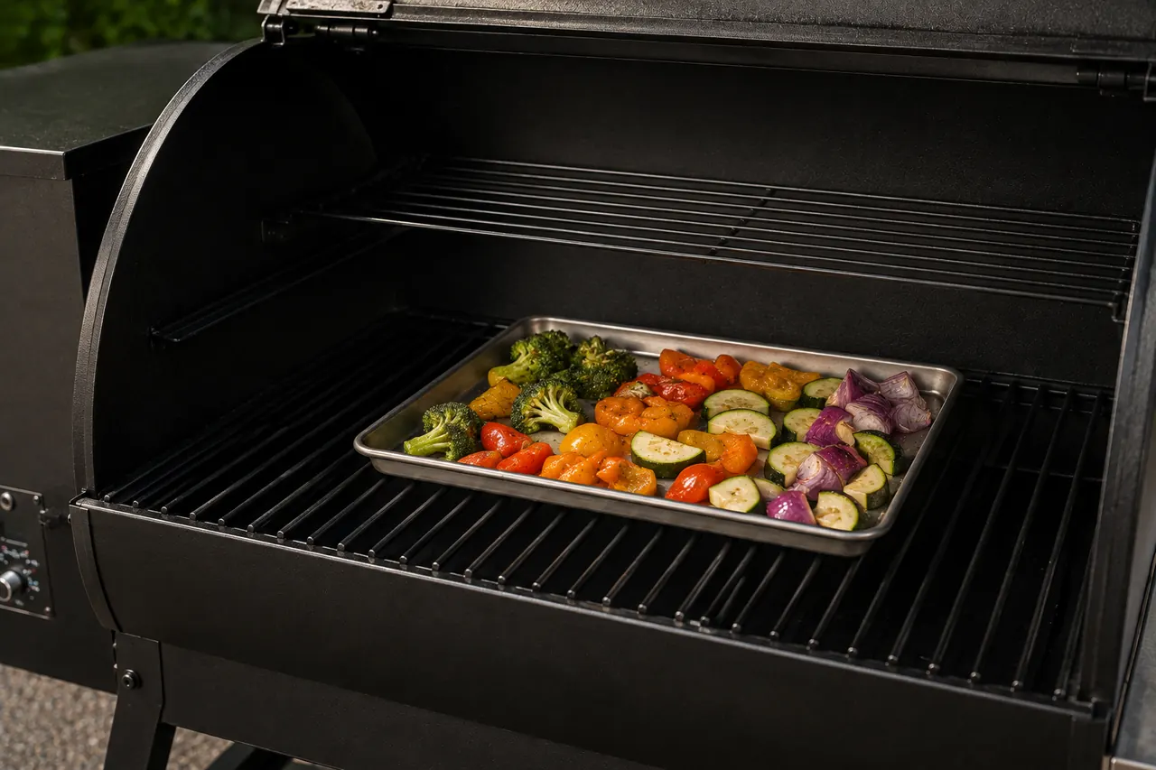 A vegetable tray with clear airflow space around it inside a clean unbranded pellet grill.