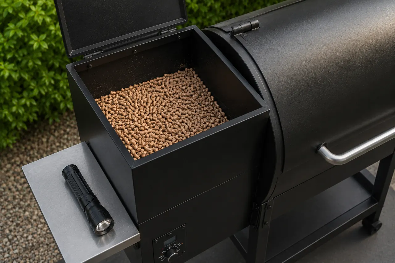 An open pellet hopper full of dry pellets with a flashlight resting on the grill side shelf.