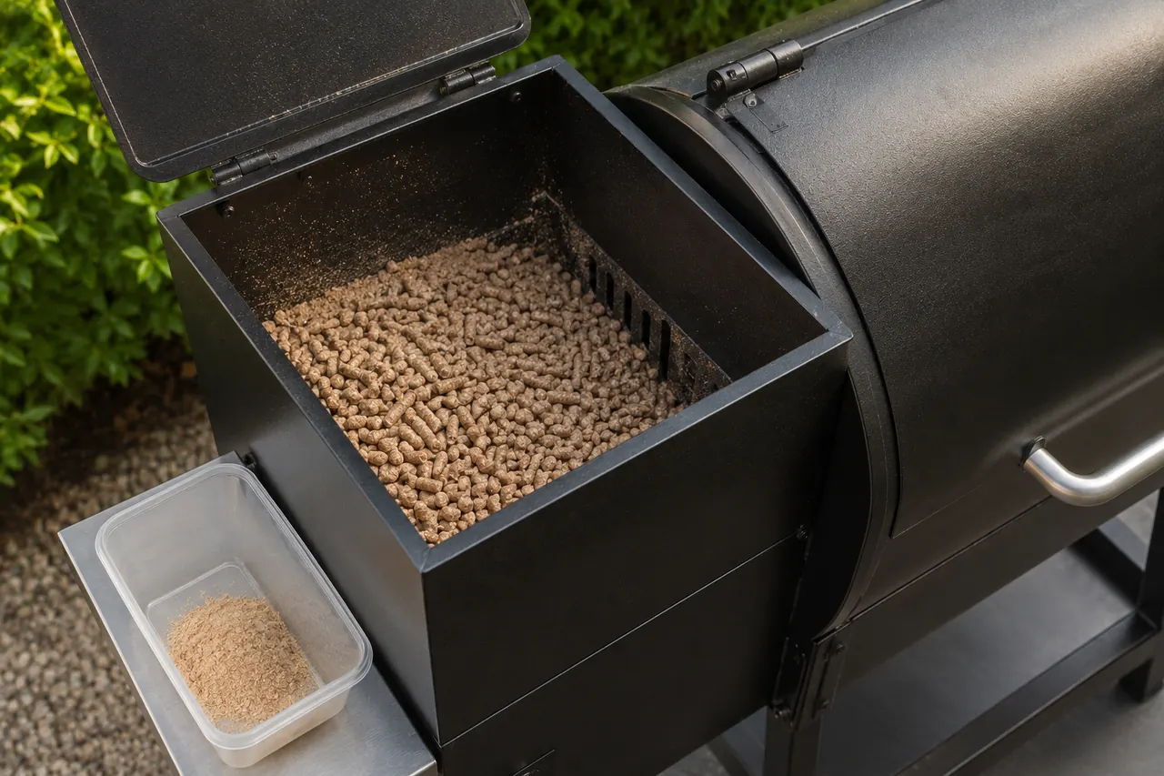 Dry pellets in an open unbranded hopper with separated sawdust in a small container nearby.