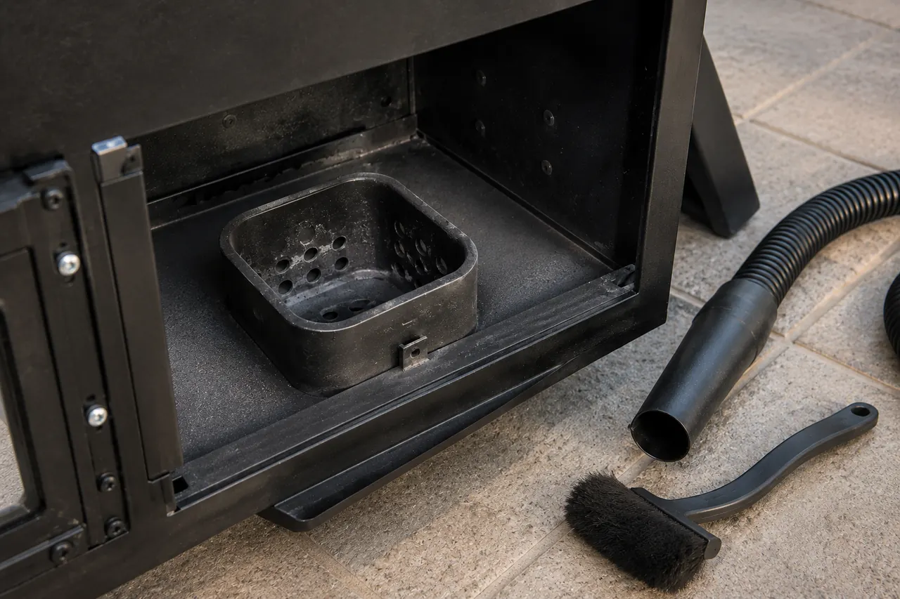 A cool pellet grill fire pot with a soft brush and cold-ash vacuum prepared for maintenance.