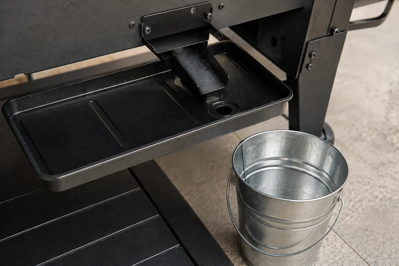 A cool pellet grill drip tray and grease drain path with an empty collection bucket nearby.