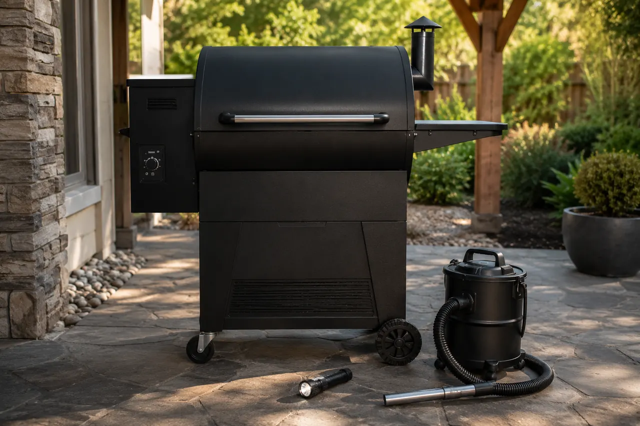 A cool unbranded pellet grill in a safe airflow inspection setting with no exposed wiring.