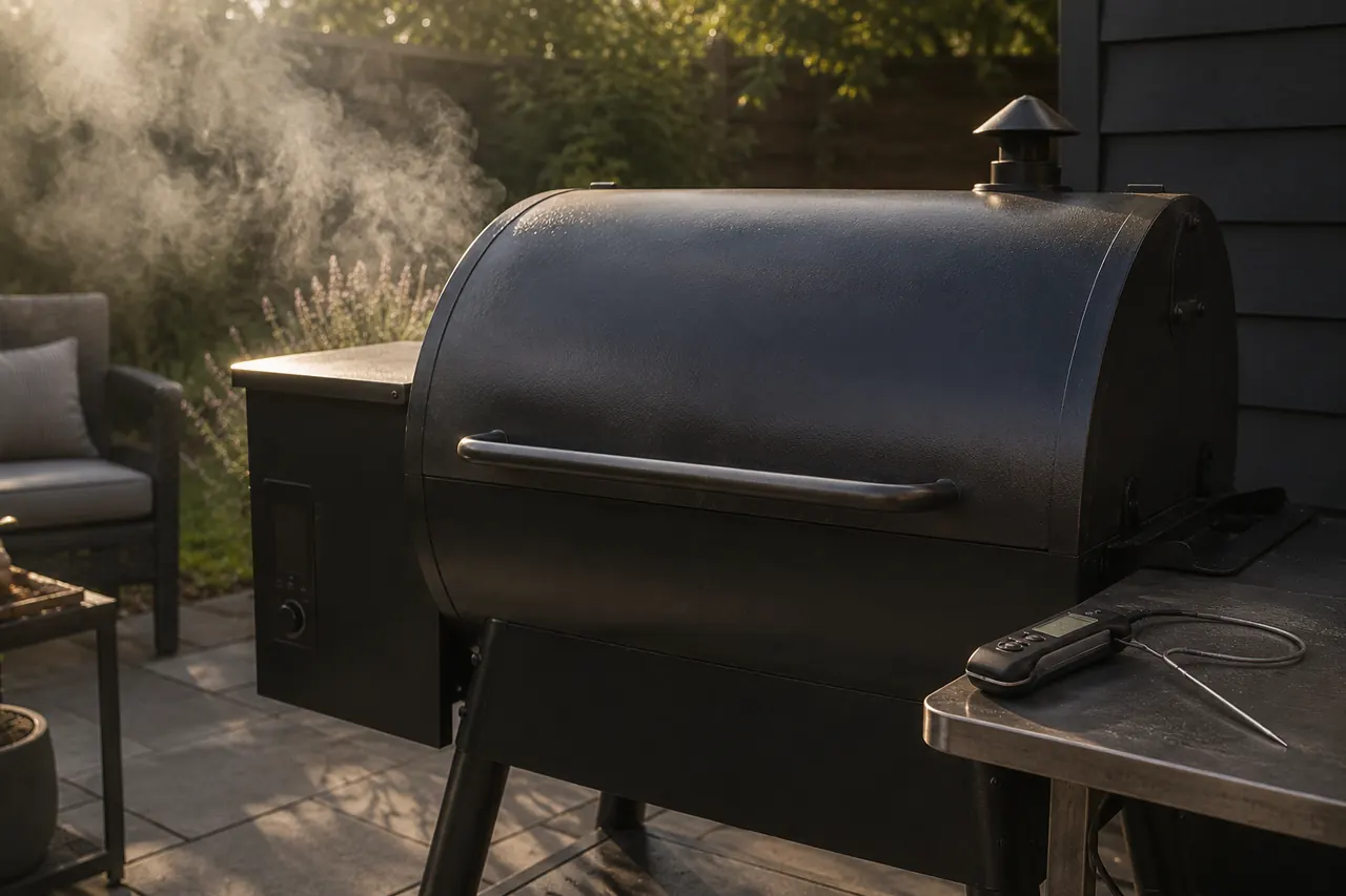 A pellet grill after an unexpected stop with a food thermometer resting on the side shelf.
