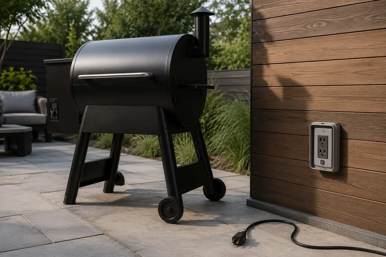 A cool unbranded pellet grill with its power cord unplugged near an outdoor GFCI outlet.