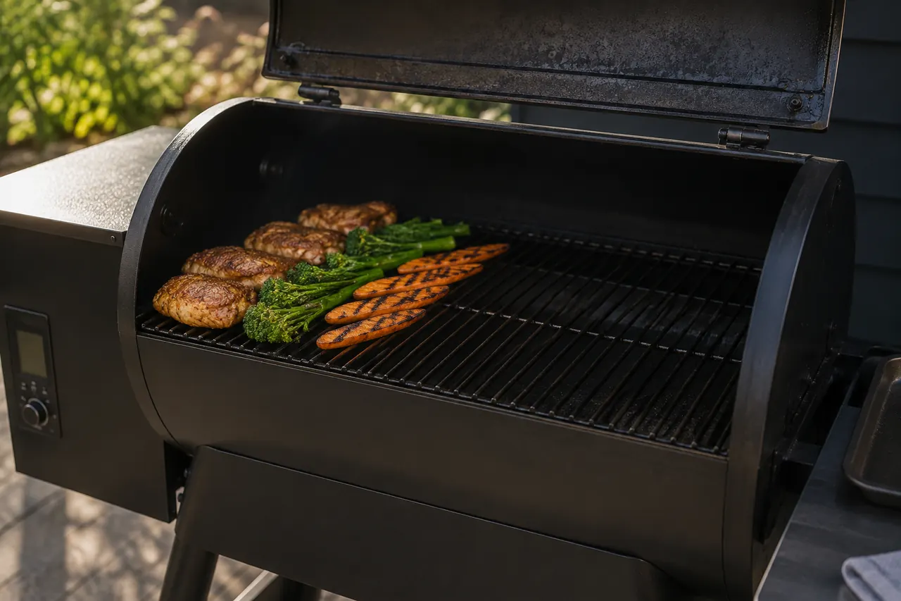 Food arranged to one side of an open unbranded pellet grill to illustrate a warmer cooking zone.