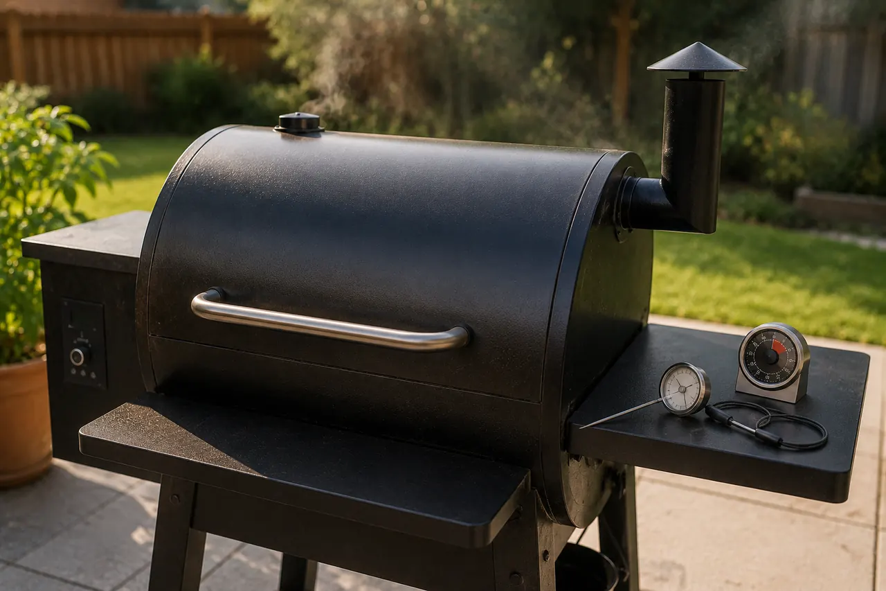 An unbranded pellet grill warming on a clean patio with a separate ambient probe nearby.