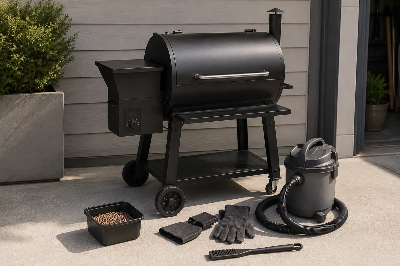 A clean pellet grill with a brush, a cool-ash vacuum, and maintenance supplies arranged nearby.