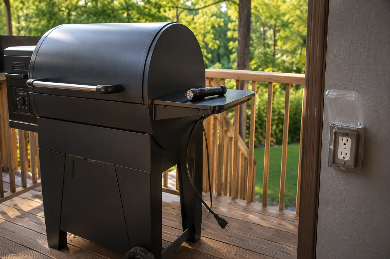 A cool unbranded pellet grill with its intact power cord unplugged for a safe external power check.