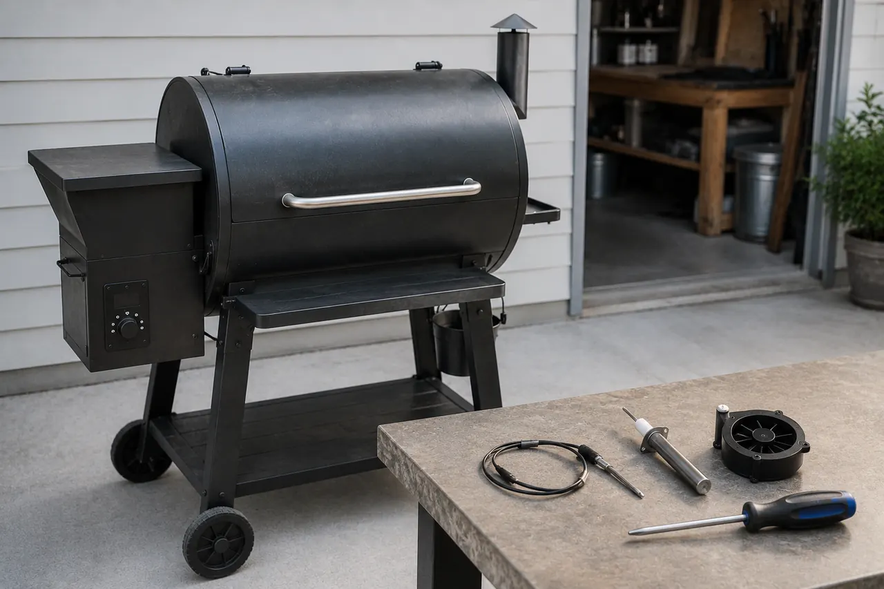 A well-used unbranded pellet grill beside neatly arranged compatible replacement parts on a work surface.