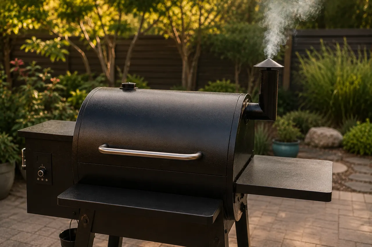 A clean-burning unbranded pellet grill producing a light stream of smoke on an outdoor patio.