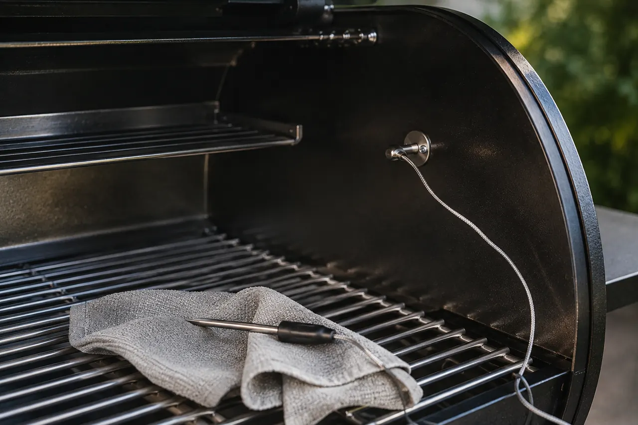 A clean internal temperature probe inside an unbranded pellet grill cooking chamber.