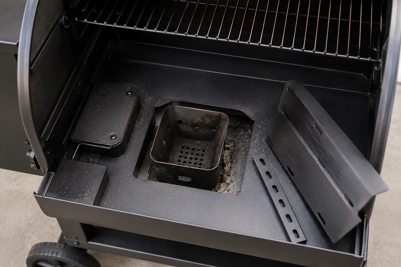 A clean, cool pellet-grill fire pot and surrounding cooking chamber prepared for inspection.