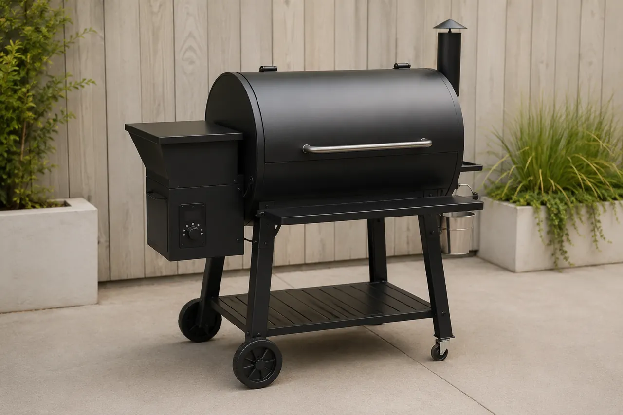 An unbranded pellet grill with its hopper and cooking chamber visible on a clean patio.
