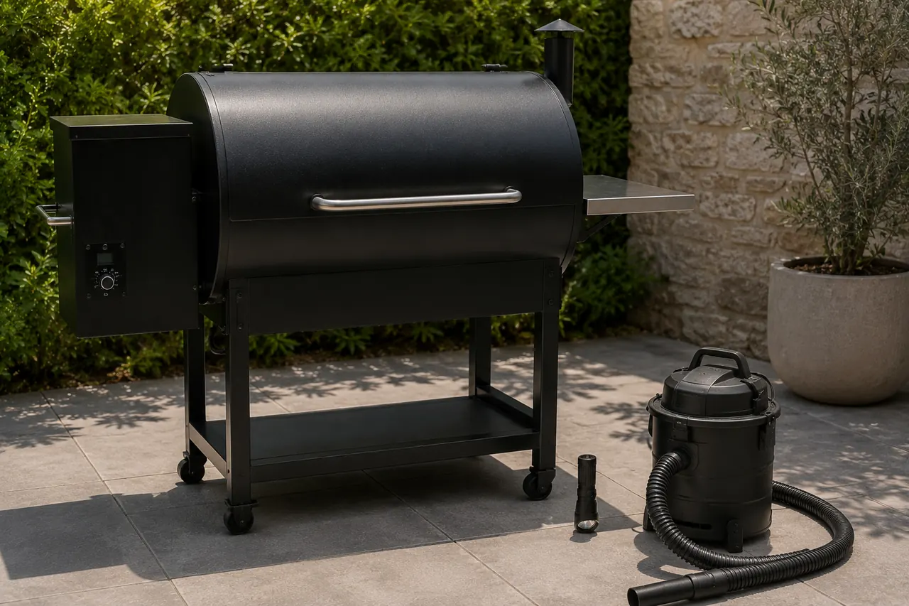 A fully cool closed pellet grill on a clear patio with a cold-ash vacuum and flashlight nearby.
