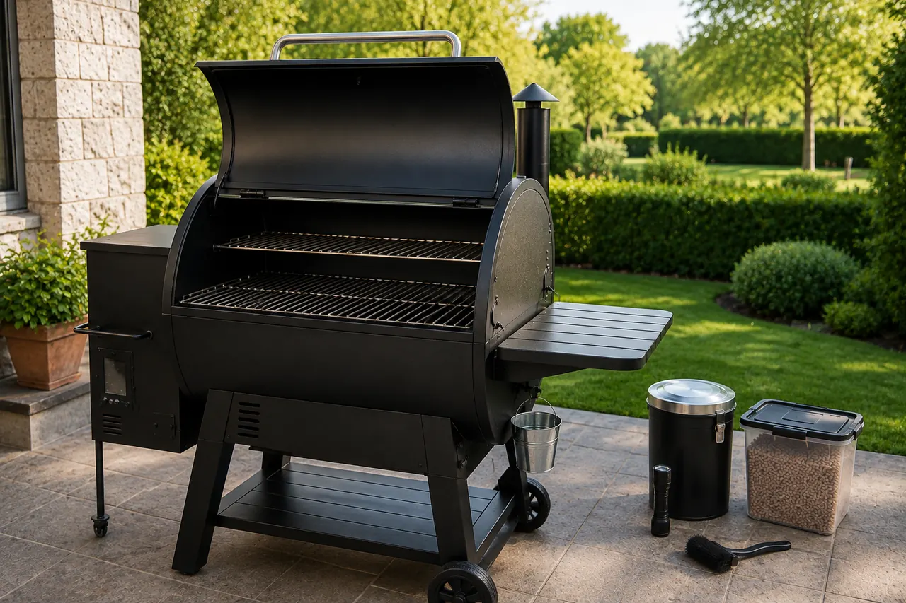 An unbranded pellet grill with cleaning and inspection supplies arranged for seasonal maintenance.