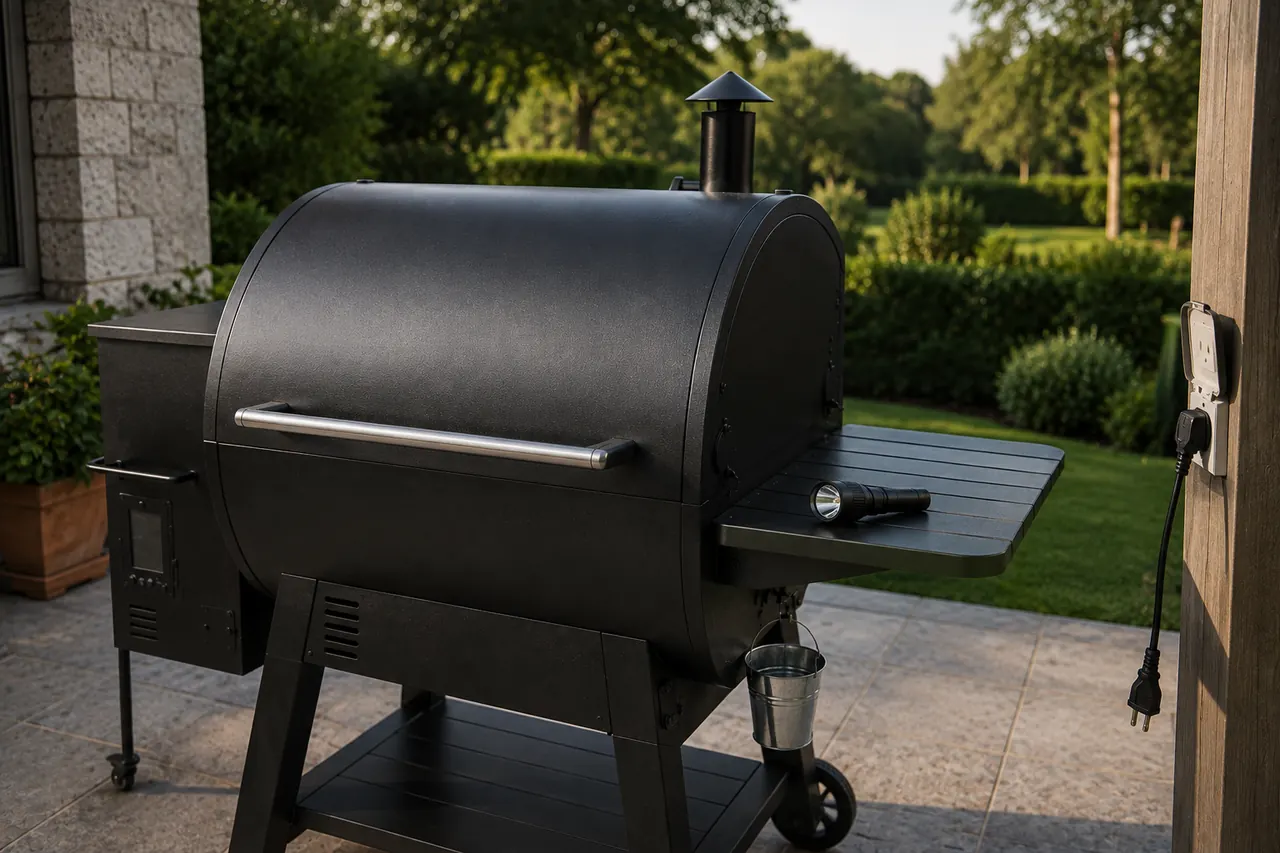 An unplugged, cool pellet grill with a flashlight nearby for a safe shutdown inspection.