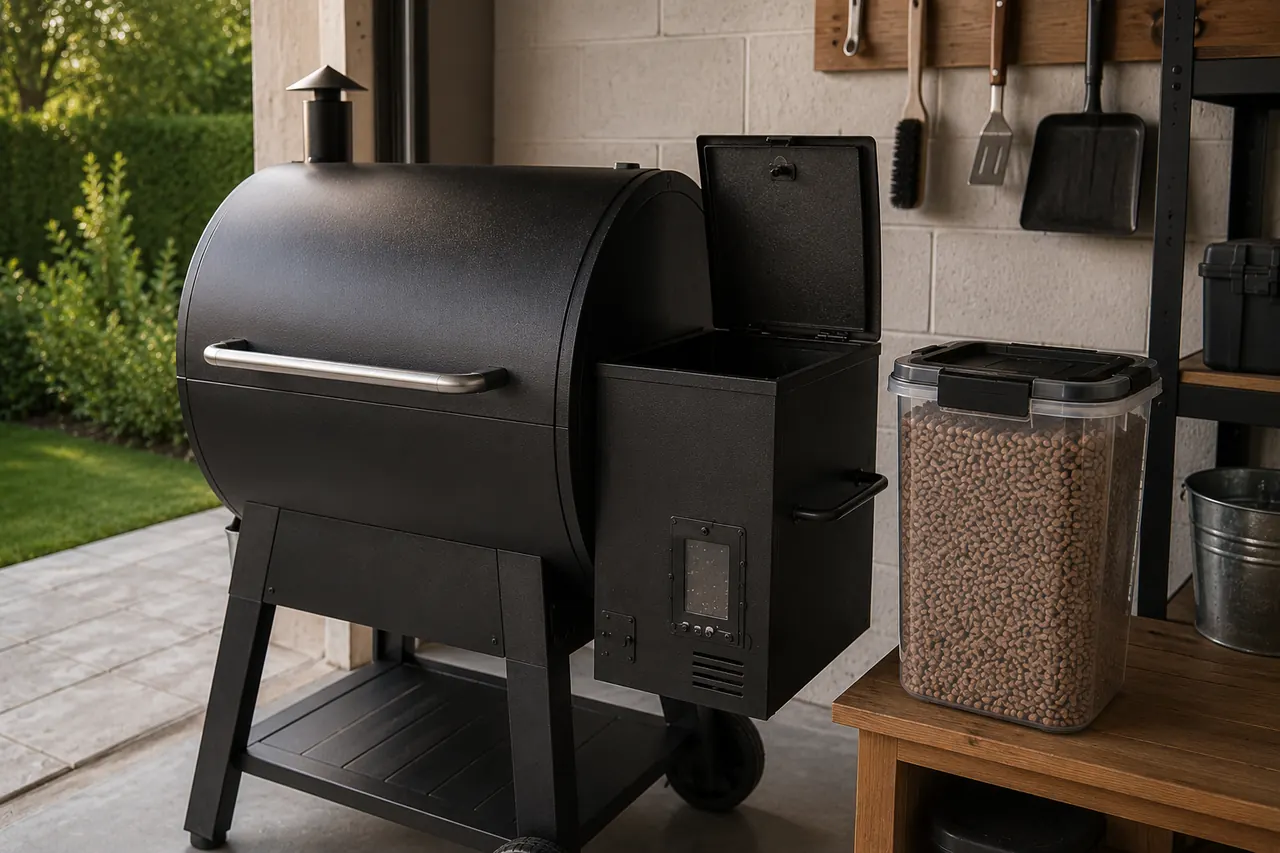Dry wood pellets stored in an airtight container beside an unbranded pellet grill hopper.