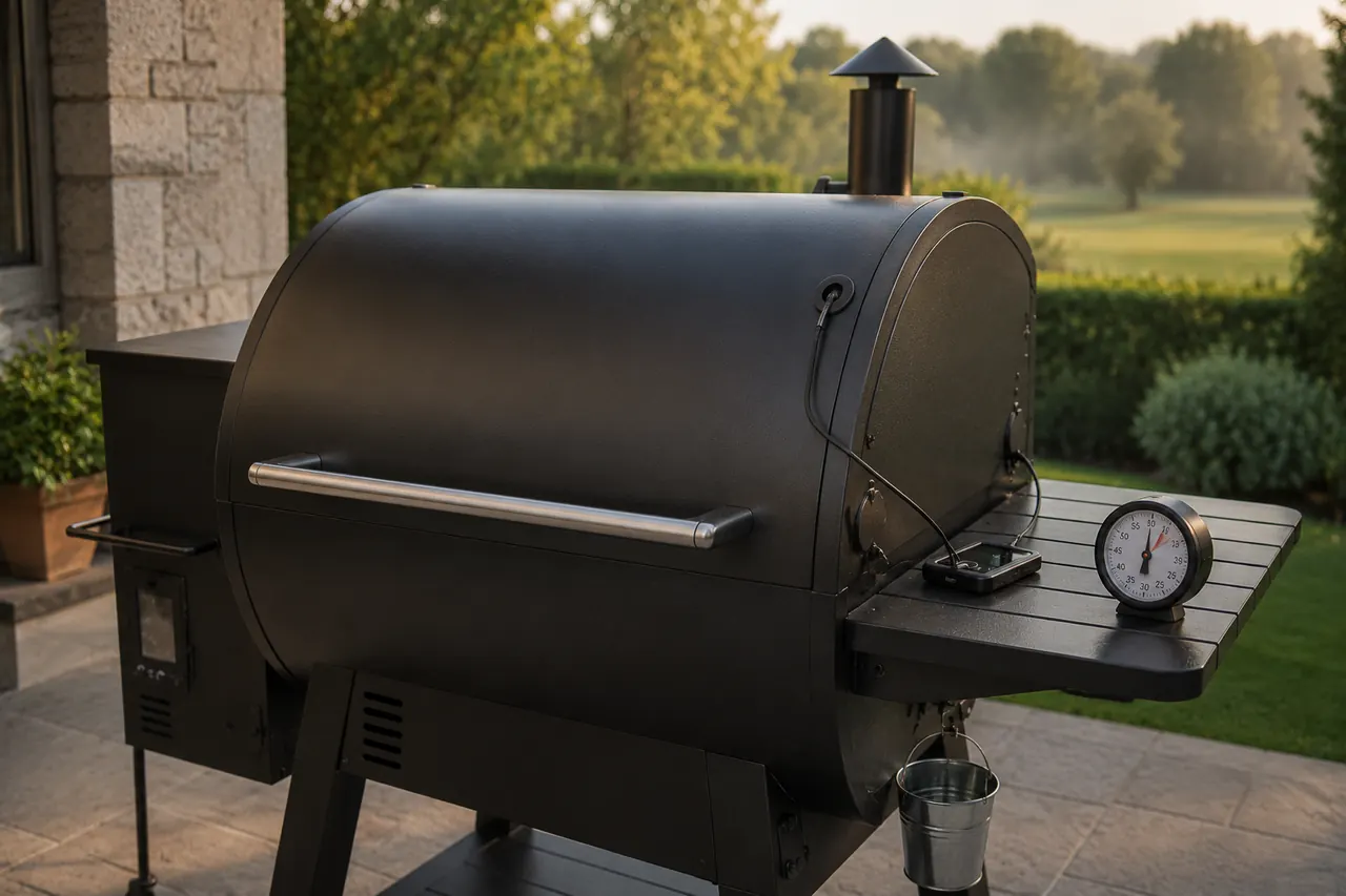 An unbranded pellet grill with an independent ambient probe and timer on its side shelf.