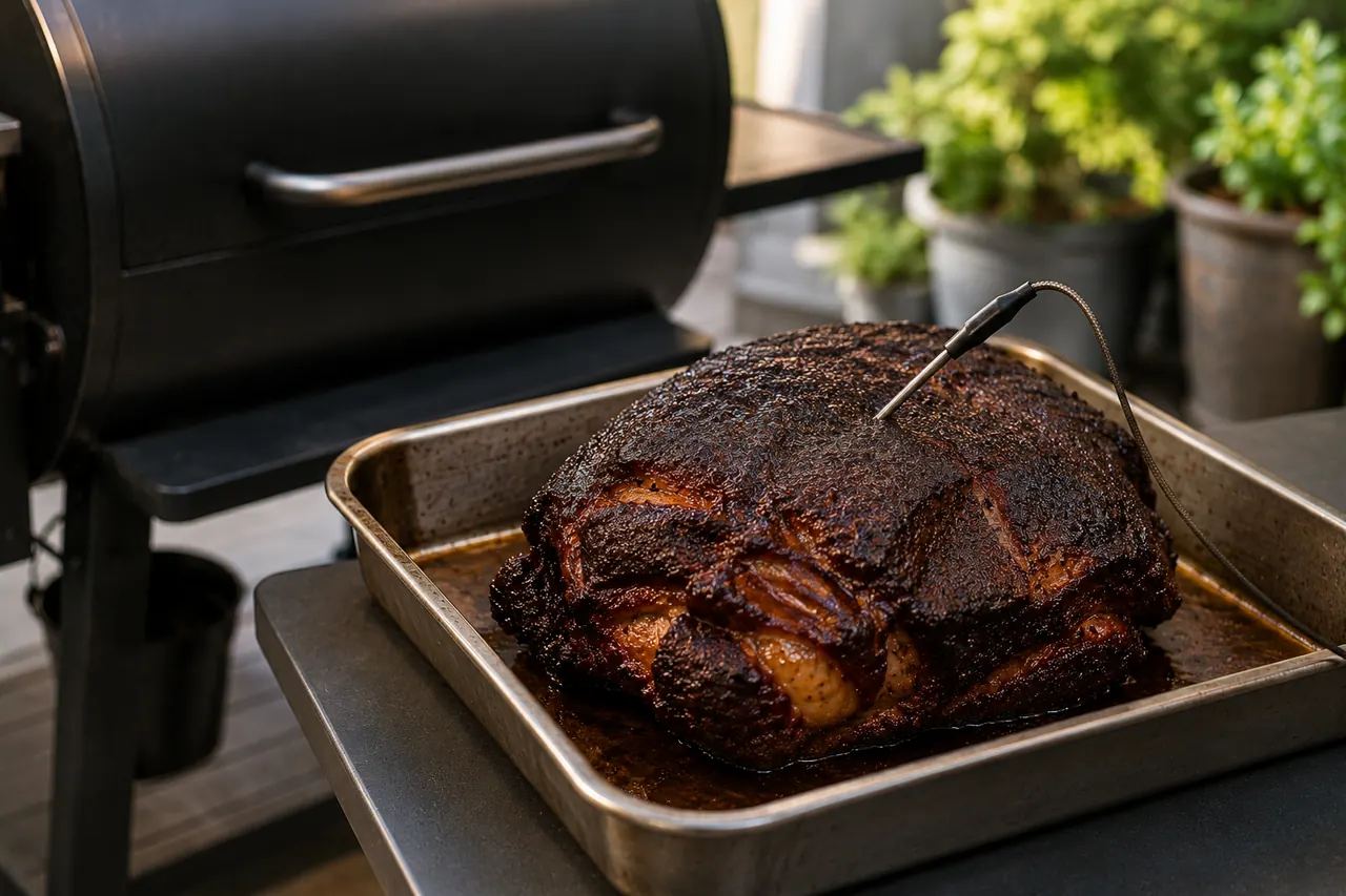 A smoked pork shoulder resting in a tray beside an unbranded pellet grill.