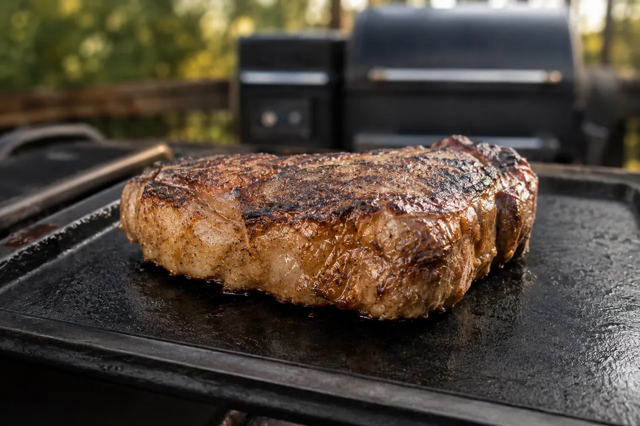 A thick steak on a fully preheated cast-iron searing surface beside an outdoor grill.