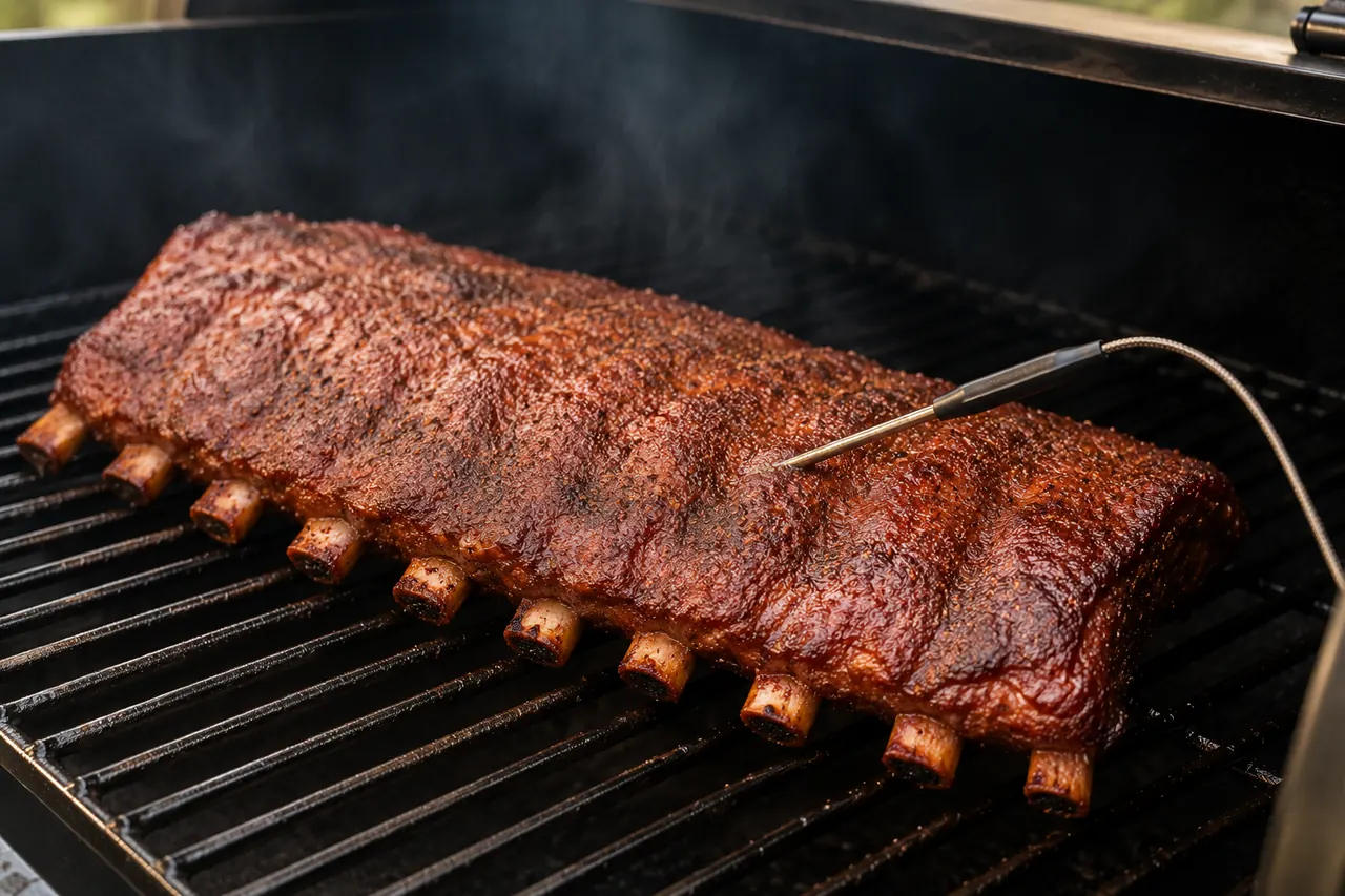 A rack of smoked ribs with a probe checking tenderness between the bones.