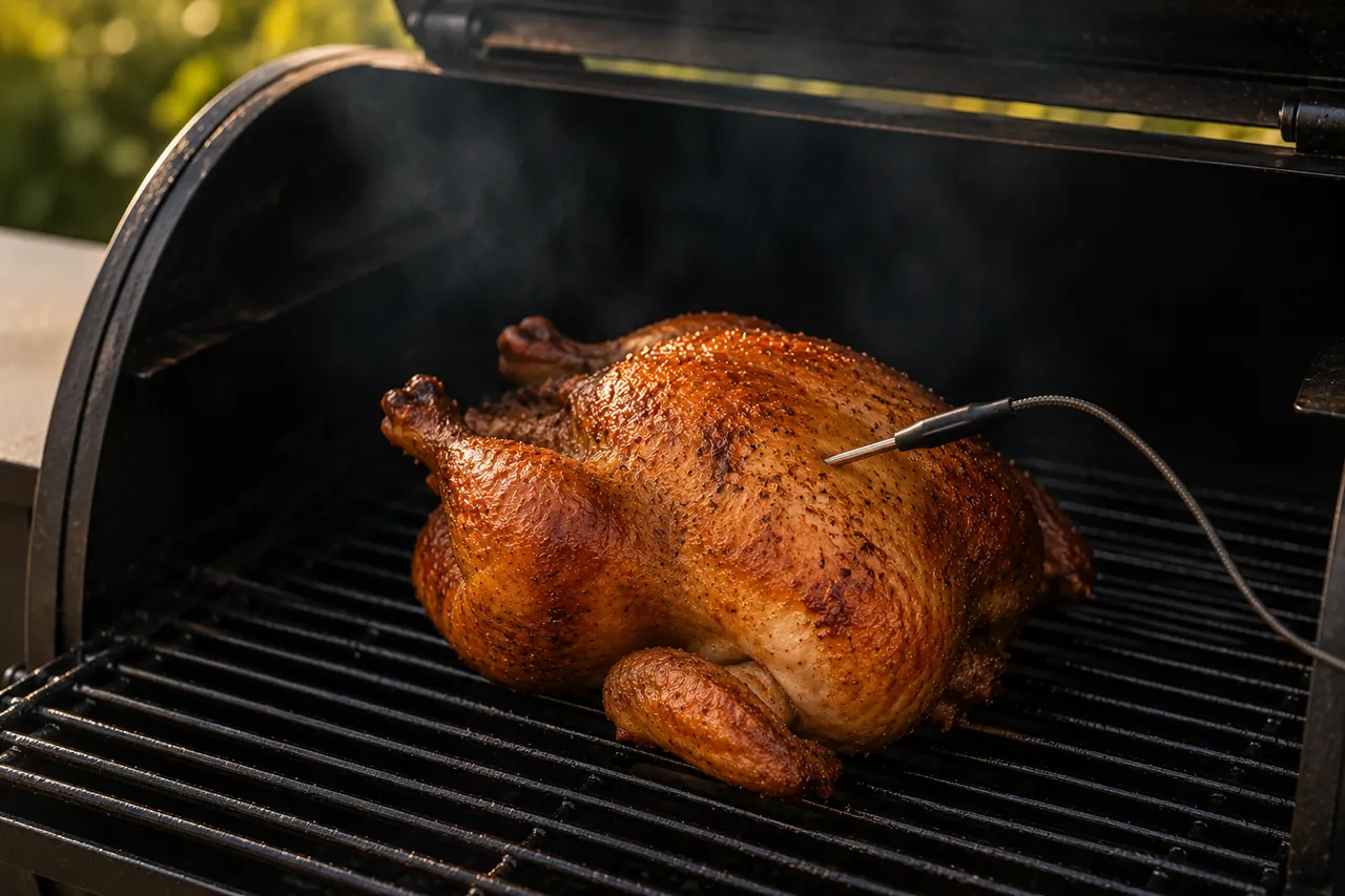 A whole smoked chicken on a pellet grill with a probe in the thickest part of the breast.