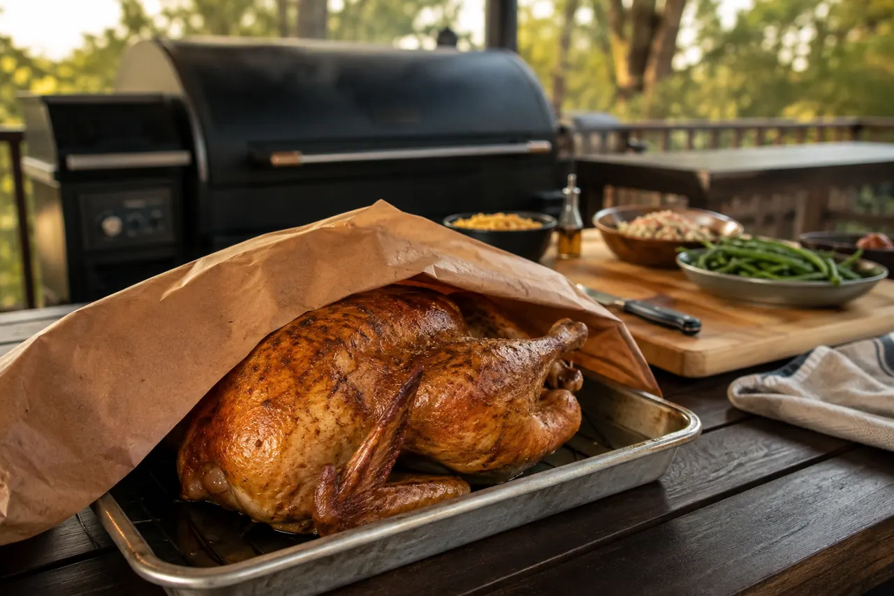 A whole smoked turkey resting, covered and ready to be carved for an outdoor meal.