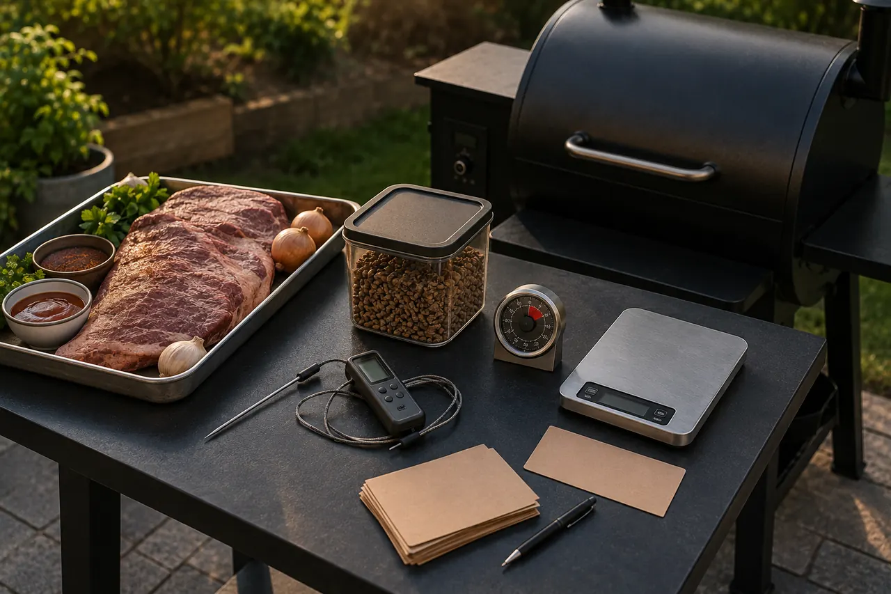 An organized outdoor barbecue planning workspace with an unbranded pellet grill, timer, probe, and prep equipment.
