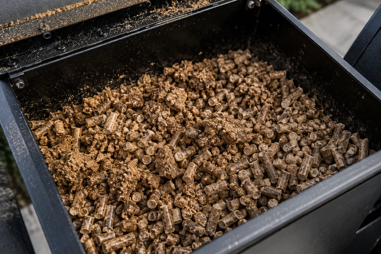 A cold pellet grill hopper holding swollen wood pellets and damp sawdust.