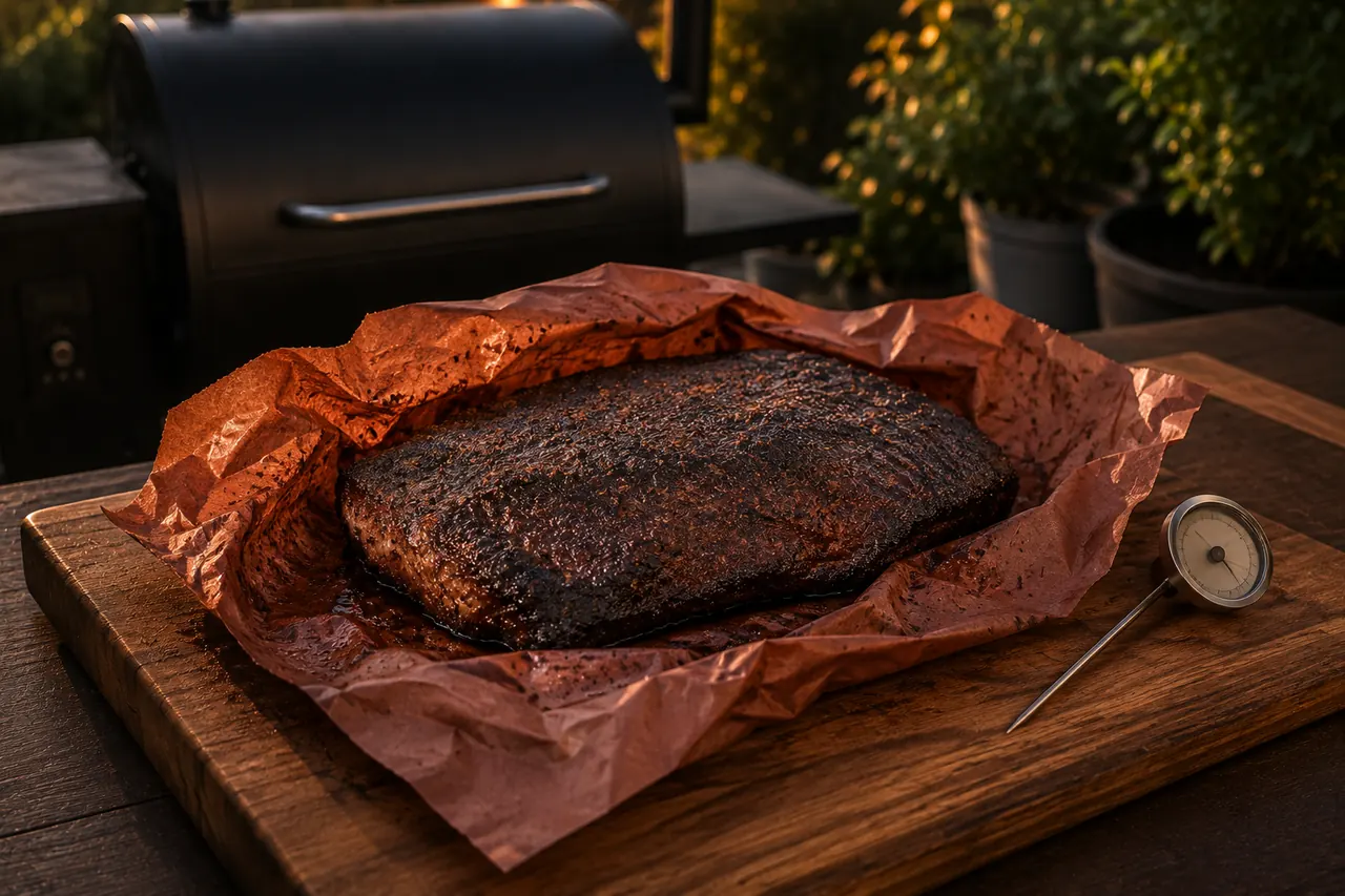A smoked brisket resting in butcher paper beside an instant-read thermometer.